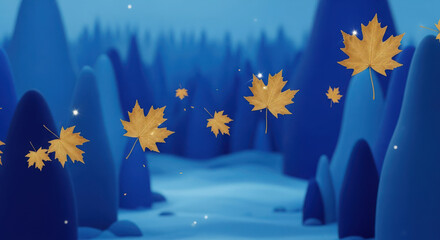 Magical autumn forest path with falling golden leaves at night