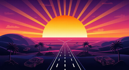 Retro sunset over ocean highway with palm trees