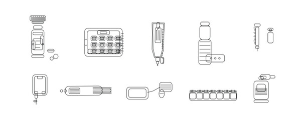 Pharmacy Essentials Pack (10 Premium Outline Vectors) – Medical Icons, Drugstore Equipment, and Healthcare Supplies Illustration Set
