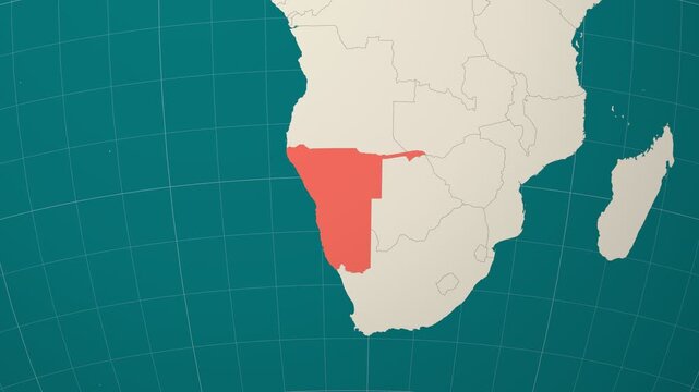 Namibia map. Animated zoom into the country on the Globe in Teal Pale Mint color palette. Country logo animation. Map with meridians, parallels. Authentic video.