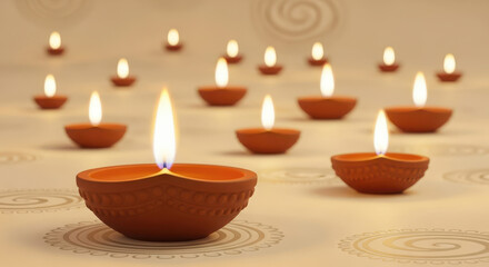 Many lit clay diyas creating a warm and festive atmosphere