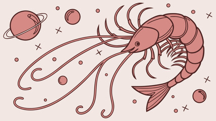 Cartoon Shrimp in Space with Planets and Crosses Illustration.
