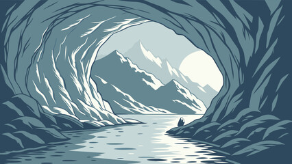 Cave Entrance and Mountainous Landscape Illustration.