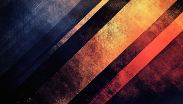 The illustration shows intersecting diagonal stripes in shades of dark blue, black, orange, and red with a textured effect. - Powered by Adobe