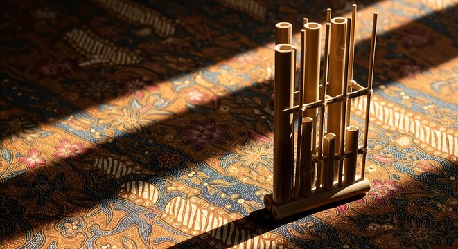 Bamboo Angklung Instrument On Traditional Indonesian Batik Fabric
