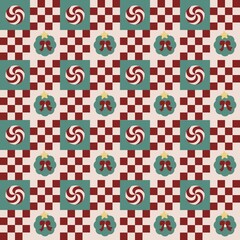 Christmas Checkered Seamless Pattern with Peppermint Candy and Wreath, Festive Holiday Background