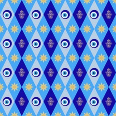 Evil Eye and Hamsa Hand Seamless Pattern, Blue Diamond Geometric Background for Boho Spiritual Design