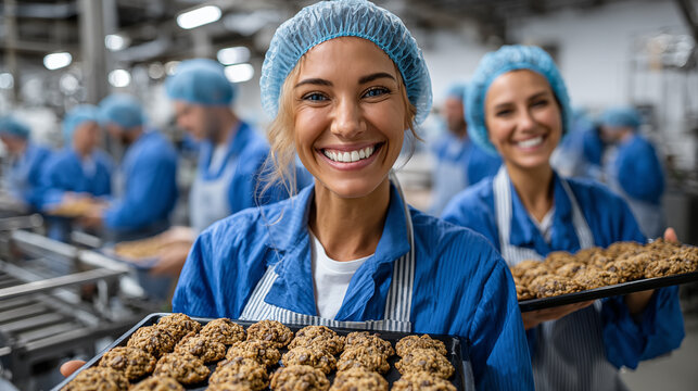Portrait of happy female staff holding tray with chocolate chip cookies in factory