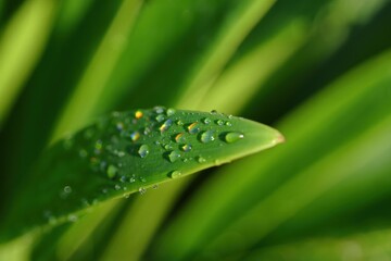 Naklejka premium Close-up of a dewdrop-topped leaf showing vivid green tones