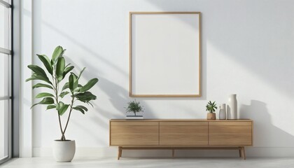 A light-filled room features a long wooden sideboard holding potted plants and decorative vases, next to a large blank vertical frame on a white wall, and a large plant in a white pot