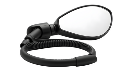 Black bicycle mirror for safety, providing clear rear view isolated on transparent background, ensuring safe cycling and awareness of surroundings