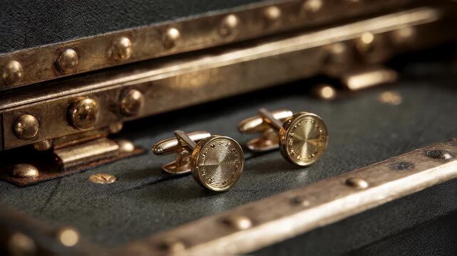 Closeup medium shot of elegant cufflinks inside a temperatureregulated safe showcasing fine craftsmanship with softfocus vault interior.