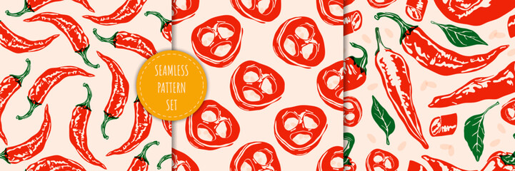 Pepper pattern set. Seamless print hot chili peppers, abstract  chili, bell, jalapeno and cayenne vegetables, food backgrounds for fabric, wrapping paper. Vector texture collection
