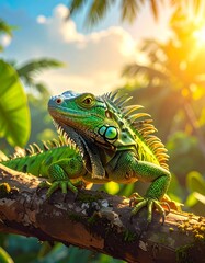 Fototapeta premium Close-up of a vibrant green iguana basking on a tropical branch with sunlight highlighting its textured scales. Perfect for wildlife and nature themes.