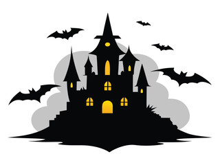 Vector art of spooky haunted castle with bats flying around