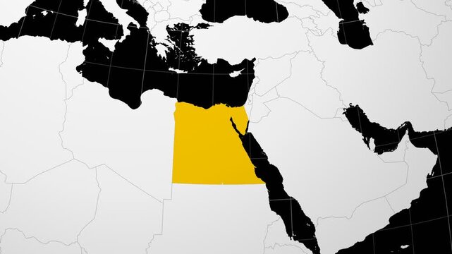 Egypt map. Animated zoom into the country on the Globe in Black White color palette. Country logo animation. Map with meridians, parallels. Stylish video.