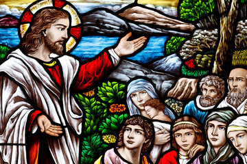 Obraz premium St Anthony of Padua Church. Stained glass. Jesus : the sermon on the Mount. Vung Tau. Vietnam.