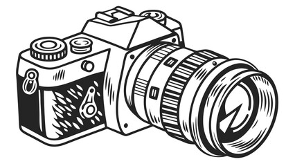 Digital illustration of a retro camera with a lens monochrome design.