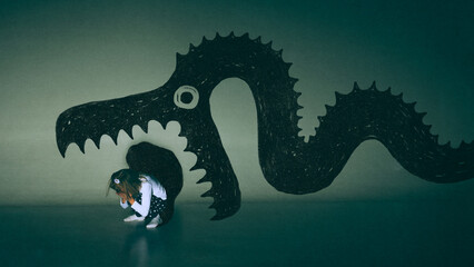 Surreal composition. Little girl crouching in fear under dragon shadow with open jaws. Concept of...