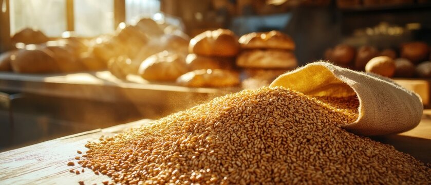 Close up of grains spilling from a sack baked goods in background