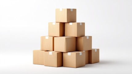 Obraz premium Stack of Plain Cardboard Boxes Arranged in a Pyramid Formation on a White Background