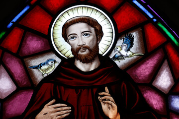 St Anthony of Padua Church.  Stained glass. Saint Francis of Assisi wearing the stigmata. Vung Tau....