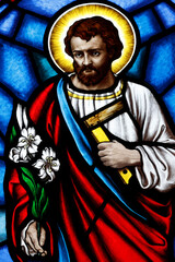 Fototapeta premium St Anthony of Padua Church. Stained glass. St Joseph. Vung Tau. Vietnam.