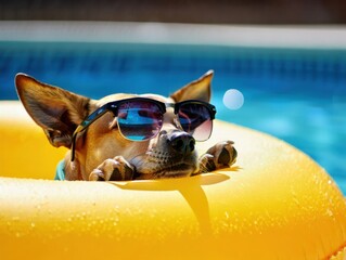 Dog wearing sunglasses relaxing in a yellow pool float by the water