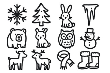 Winter Nature Doodles. Winter nature doodle icon set: hand drawn icons of snowflake, pine tree, icicle, bear, rabbit, owl, deer,