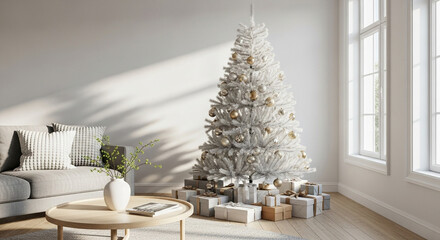 Minimalist Scandinavian Living Room with White Christmas Tree