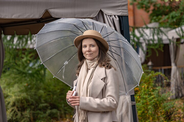 Autumn scene with a woman in a beige coat and hat holding a clear umbrella outdoors in a park