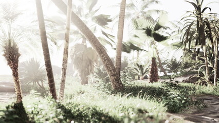 A tranquil scene unfolds in a tropical paradise, featuring tall palms and rich greenery. Soft sunlight filters through the leaves, creating a serene and peaceful atmosphere.
