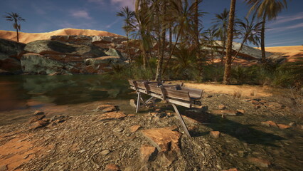 A peaceful scene unfolds at a secluded oasis where a rustic wooden bench invites visitors to relax. Palm trees sway gently in the warm breeze, creating a calming atmosphere.