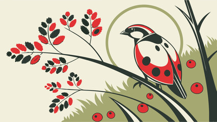 Fototapeta premium Illustration of a bird and branches with red and black foliage and red berries graphic design.