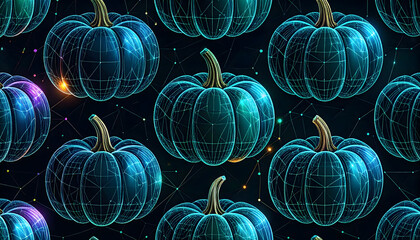 A seamless pattern of stylized, futuristic blue pumpkins with a glowing digital network overlay.