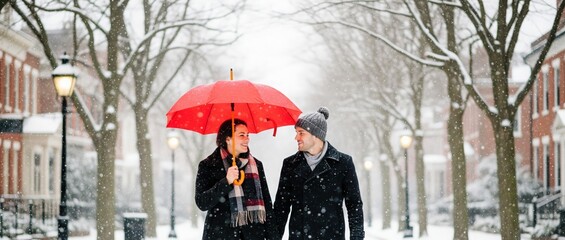 Couple Walking with Red Umbrella. Stylish Winter Street Scene.