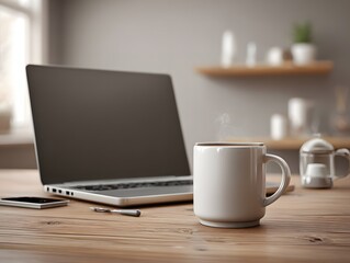 clean desk workspace with laptop and coffee mug, 3d realistic render,