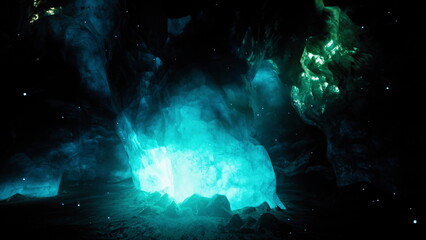 Bright blue crystals radiate light in a dark cave, creating an atmosphere filled with wonder. Shadows dance along the walls as the glowing formations reveal hidden beauty.