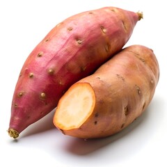 Two sweet potatoes one cut in half on white background