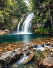 Obraz premium Majestic waterfall cascading through forested rocks into clear pool
