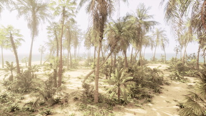 Obraz premium A vibrant tropical scene unfolds with tall palm trees swaying gently in the warm breeze. Sunlight filters through the leaves, casting dappled shadows on the soft sandy ground.