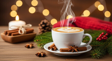 Christmas Cappuccino with Latte Art, Cinnamon, and Pine Sprigs