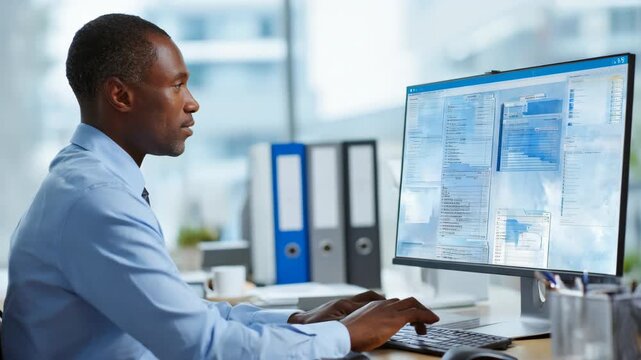 Employee reviewing organized digital folders with integrated AI tools highlighting smart datadriven indexing systems for optimized document accessibility.
