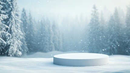 Winter snow scene with empty round display podium, product presentation