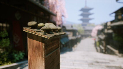 A beautiful cobblestone pathway winds through a serene town, flanked by cherry blossom trees in full bloom, leading to a majestic pagoda in the background.