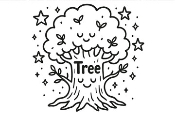 Enchanted Tree Doodle. Doodle enchanted tree with stars, faces, and sparkles, center word “Tree” in black and white isolated