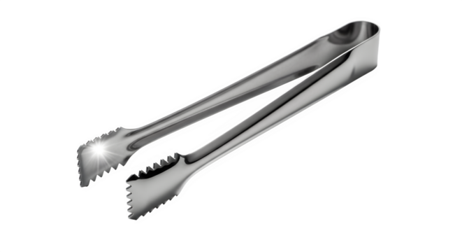 Stainless steel ice tongs isolated on transparent background, a bar tool for serving ice cubes, with serrated edges for gripping