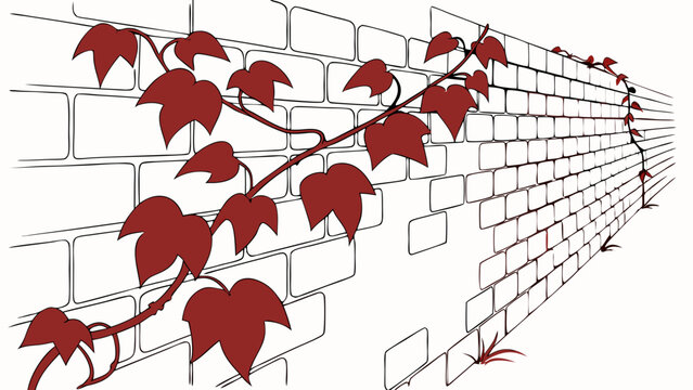 Ivy Growing on a Brick Wall Vector Illustration.