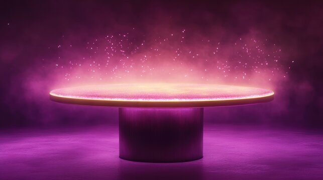 Illuminated round pedestal, mystic purple scene, product display, studio shot