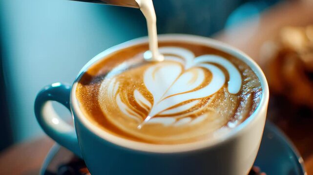 Steaming cup of coffee with milk poured into heart-shaped latte art, symbolizing warmth, morning, and comfort